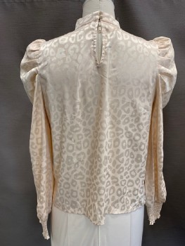 Womens, Blouse, JEALOUS TOMATO, Eggshell White, Champagne, Polyester, Spandex, Animal Print, L, L/S, Collar Band, Puffed Sleeves, Scrunched Cuffs, Roche Center Front, 2 CB Buttons Leopard Print