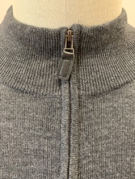 Mens, Pullover Sweater, JOS.A.BANK, Charcoal Gray, Wool, Heathered, XL, Stand Collar, Half Zipper, L/S