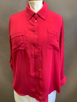 Womens, Blouse, COVINGTON, Fuchsia Pink, Polyester, Solid, 2X, Chiffon, Long Sleeves, Button Front, Collar Attached, 2 Patch Pockets