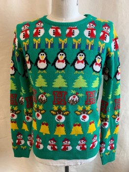 Mens, Pullover Sweater, DAISY'S BOUTIQUE, Green, Multi-color, Acrylic, Holiday, 42, M, CN, Snowmen, Penguins, Reindeer, Christmas Bells, L/S,