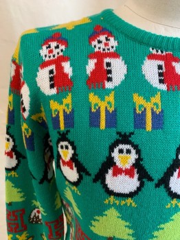 Mens, Pullover Sweater, DAISY'S BOUTIQUE, Green, Multi-color, Acrylic, Holiday, 42, M, CN, Snowmen, Penguins, Reindeer, Christmas Bells, L/S,