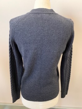 Mens, Pullover Sweater, BANANA REPUBLIC, Dk Gray, Wool, Nylon, Cable Knit, Heathered, M, L/S, CN, Rib Knit Waistband, Cuffs And Collar, Multiple Knit Styles