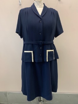Womens, Dress, NO LABEL, Navy Blue, Polyester, Solid, W- 44, B- 50, H- 52, S/S, Shawl Collar, Shoulder Pleating, Button Front With 5 Navy Buttons, Shoulder Pads, 2 Patch Pocket With White Grosgrain Ribbon Trim On Peplum, 1 Inch Wide Matching Waistbelt With Matching covered Buckle
