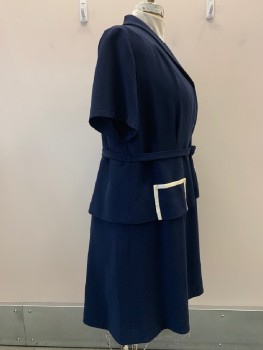 Womens, Dress, NO LABEL, Navy Blue, Polyester, Solid, W- 44, B- 50, H- 52, S/S, Shawl Collar, Shoulder Pleating, Button Front With 5 Navy Buttons, Shoulder Pads, 2 Patch Pocket With White Grosgrain Ribbon Trim On Peplum, 1 Inch Wide Matching Waistbelt With Matching covered Buckle