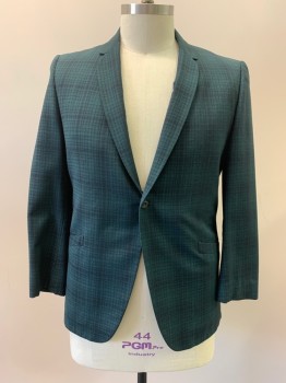 Mens, Blazer/Sport Co, RATNER, Forest Green, Black, Wool, Plaid, 44R, Notched Lapel, Single Breasted, Button Front, 1 Button, 2 Pockets