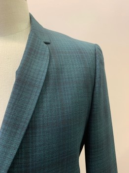 RATNER, Forest Green, Black, Wool, Plaid, Notched Lapel, Single Breasted, Button Front, 1 Button, 2 Pockets