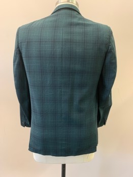 Mens, Blazer/Sport Co, RATNER, Forest Green, Black, Wool, Plaid, 44R, Notched Lapel, Single Breasted, Button Front, 1 Button, 2 Pockets