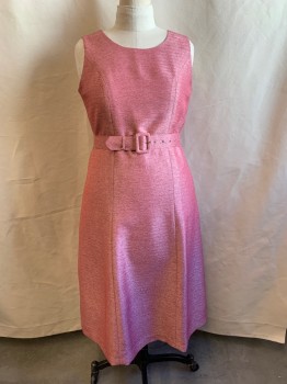Womens, Cocktail Dress, MTO, Pink, Maroon Red, Silver, Silk, Speckled, Herringbone, W40, B42, Pink, Maroon, and Silver Herringbone and Speckled, Sleeveless, Crew Neck, Zip Back, with Matching Belt and Covered Buckle