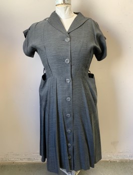 N/L, Gray, Black, Silk, Stripes - Micro, Short Dolman Sleeves with Cuffs, Shirtwaist, Collar with Unusual Shape, Gray Buttons, 2 Large Hip Pockets, A-Line, Hem Below Knee,