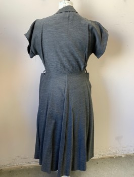 N/L, Gray, Black, Silk, Stripes - Micro, Short Dolman Sleeves with Cuffs, Shirtwaist, Collar with Unusual Shape, Gray Buttons, 2 Large Hip Pockets, A-Line, Hem Below Knee,