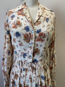 NO LABEL, Cream, Orange, Blue, Tan Brown, Gold, Polyester, Floral, L/S, B.F., C.A., Notched Lapel, French Cuffs, Side Zip, Gathered Skirt, Hem Below Knee, Floral/Blue Butterfly pattern