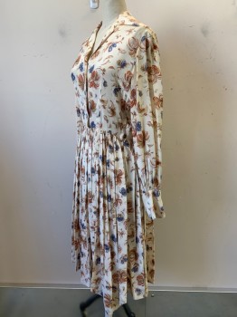 NO LABEL, Cream, Orange, Blue, Tan Brown, Gold, Polyester, Floral, L/S, B.F., C.A., Notched Lapel, French Cuffs, Side Zip, Gathered Skirt, Hem Below Knee, Floral/Blue Butterfly pattern