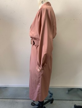 SUSAN HOWARD, Dusty Rose Pink, Polyester, Solid, V-N, L/S, Single Hook-eye Closure at CF Waistband, Button Cuffs, Below Knee, MATCHING BELT with Wrapped Buckle