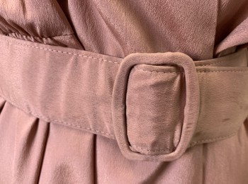 SUSAN HOWARD, Dusty Rose Pink, Polyester, Solid, V-N, L/S, Single Hook-eye Closure at CF Waistband, Button Cuffs, Below Knee, MATCHING BELT with Wrapped Buckle