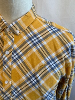 Mens, Casual Shirt, PUBLISH, Yellow, Blue, Black, White, Cotton, Polyester, Plaid, XXL, Flannel, Button Front, Collar Attached, Button Down Collar, Long Sleeves, Button Cuff, Center Back Seam