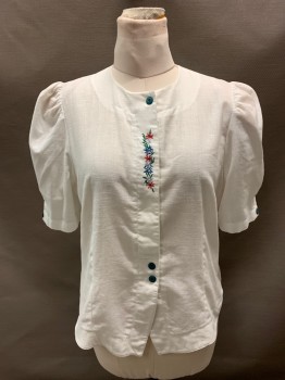 Womens, Blouse, NL, White, Multi-color, Poly/Cotton, Solid, Floral, B42, S/S, Button Front, Cap Sleeves, Floral Embroidery At CF, Teal Plastic Buttons