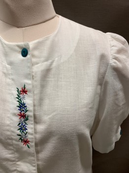 Womens, Blouse, NL, White, Multi-color, Poly/Cotton, Solid, Floral, B42, S/S, Button Front, Cap Sleeves, Floral Embroidery At CF, Teal Plastic Buttons