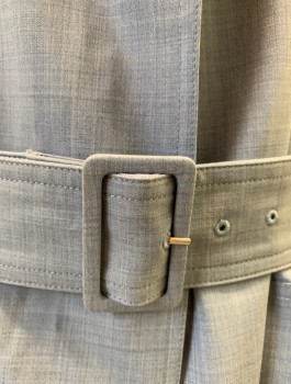 THEORY, Powder Blue, Wool, Elastane, Heathered, Open Front with No Closures, Notched Lapel, 2 Side Pockets, Knee Length, **With Matching Belt