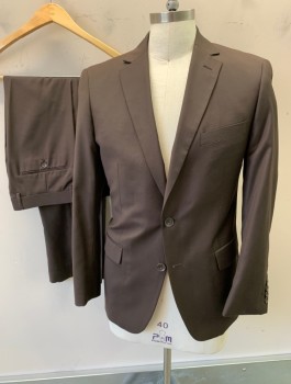 CARLO LUSSO, Chocolate Brown, Polyester, Rayon, Solid, Single Breasted, Notched Lapel, 2 Buttons, 3 Pockets