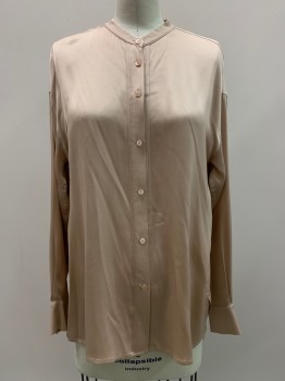VINCE, Blush Pink, Polyester, Solid, Collar Band, Button Front, Tuck Pleats Along Placket, L/S, Pleat at CB