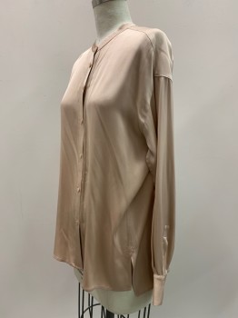 VINCE, Blush Pink, Polyester, Solid, Collar Band, Button Front, Tuck Pleats Along Placket, L/S, Pleat at CB