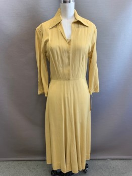 Womens, Dress, N/L, Mustard Yellow, Cotton, Solid, W 26, B 34, 3/4 Sleeve, Grey-Poupon Mustard, V-neck, Collar Attached, Side Zipper, Stain on Skirt & Sleeve, Full Length