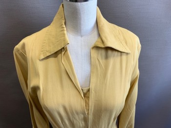 N/L, Mustard Yellow, Cotton, Solid, 3/4 Sleeve, Grey-Poupon Mustard, V-neck, Collar Attached, Side Zipper, Stain on Skirt & Sleeve, Full Length