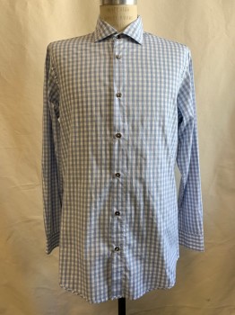 Mens, Casual Shirt, Saks Fifth Ave, Baby Blue, White, Cotton, Gingham, M, Ll Button Front, Collar Attached,