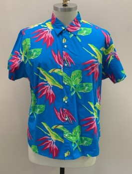 Mens, Hawaiian Shirt, BONBONS, Turquoise Blue, Raspberry Pink, Lime Green, Yellow, White, Cotton, Hawaiian Print, XXL, C.A., Button Front, S/S,