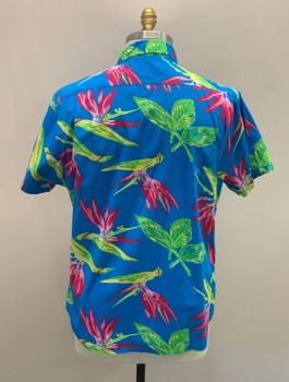 Mens, Hawaiian Shirt, BONBONS, Turquoise Blue, Raspberry Pink, Lime Green, Yellow, White, Cotton, Hawaiian Print, XXL, C.A., Button Front, S/S,