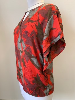 ZARA, Red, Gray, Maroon Red, Black, Polyester, Floral, Short Flared Sleeves, Round Beck, Gold Bar, Keyhole