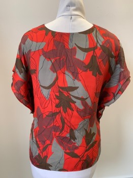 ZARA, Red, Gray, Maroon Red, Black, Polyester, Floral, Short Flared Sleeves, Round Beck, Gold Bar, Keyhole