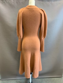 Womens, Dress, Long & 3/4 Sleeve, ZIMMERMANN, Terracotta Brown, Cashmere, Nylon, Solid, 0P, Knit, Puffy Raglan Sleeves, Below Elbow Is Fitted Rib Knit,  Rib Knit Round Neck And Fitted Waist, A-Line, Knee Length