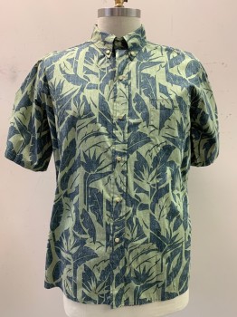 REYN SPOONER, Olive Green, Charcoal Gray, Cotton, Hawaiian Print, S/S, Button Front, Collar Attached, Chest Pocket
