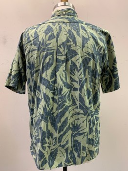 REYN SPOONER, Olive Green, Charcoal Gray, Cotton, Hawaiian Print, S/S, Button Front, Collar Attached, Chest Pocket