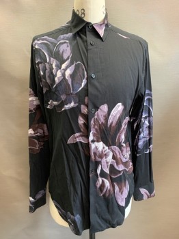 H&M, Black, Gray, Dk Brown, White, Cotton, Viscose, Floral, L/S, Button Front, Collar Attached
