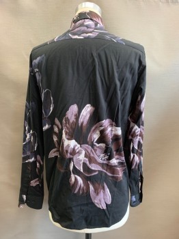 H&M, Black, Gray, Dk Brown, White, Cotton, Viscose, Floral, L/S, Button Front, Collar Attached