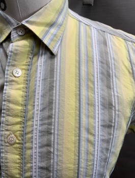 TED BAKER, Lt Yellow, Gray, White, Multi-color, Poly/Cotton, Stripes, S/S, Button Front, Threaded Stripes