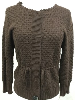 Womens, Cardigan Sweater, THE LIMITED, Brown, Acrylic, Wool, Solid, M, Round Neck with Scallopped Edge, Snap Front, Drawstring at Waist, 1 Big Button Left at Base, Long Sleeves, Rib Knit Cuffs, Honey Comb Textrue