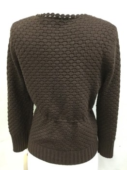 Womens, Cardigan Sweater, THE LIMITED, Brown, Acrylic, Wool, Solid, M, Round Neck with Scallopped Edge, Snap Front, Drawstring at Waist, 1 Big Button Left at Base, Long Sleeves, Rib Knit Cuffs, Honey Comb Textrue