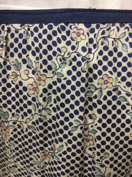N/L, Cream, Navy Blue, Lt Blue, Lt Pink, Lt Yellow, Silk, Polka Dots, Floral, Cream Background with Navy Dots, Pastel Flowers & Vine Pattern, Solid Navy Trim At Waist, Horizontal Line Across Low Hips, and Edges Of 2 Tiers with Scalloped Ends Near Hem, Hook & Eye and Snap Closures At Center Back Waist,