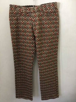 Mens, Slacks, N/L, Brown, Rust Orange, Tan Brown, Polyester, Ins:30, W:31, Abstract Triangles And Circles Pattern Poly, Flat Front, Zip Fly, Tab Waist, Boot Cut, 4 Pockets,