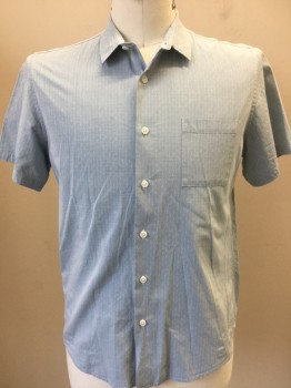 TOPMAN, Aqua Blue, White, Cotton, Polyester, Diamonds, Heathered, Heather Mute Aqua with Tiny White Diamond and Shadow Vertical Stripes, Collar Attached, Button Front, 1 Pocket, Short Sleeves,