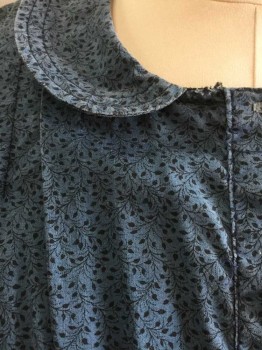 N/L, Dk Blue, Black, Cotton, Floral, Busy Leaf and Vine Pattern Calico, Long Sleeve Button Front, Wide Set Peter Pan Collar, 1 Vertical Pleat At Each Shoulder, Gathered Puffy Sleeves, Gathered At Natural Waist with Peplum Panel Below, Made To Order,