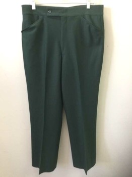Mens, 1970s Vintage, Suit, Pants, VARSITY TOWN, Forest Green, Polyester, Solid, Ins:29, W:34, Self Grid Texture, Flat Front, Button Tab Waist, Zip Fly, 4 Pockets, Straight Leg,