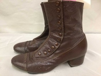 N/L, Brown, Leather, Solid, 1.5" Covered Heel, Cap Toe, Snap Sides, High Ankle, Worn But In Good Condition
