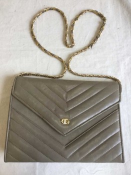 JAY HERBERT, Lt Olive Grn, Leather, Solid, Chevron Quilt, Gold Snap Buckle and Gold Chain W/olive Leather Thread Through Strap,