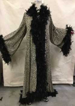 Womens, SPA Robe, N/L, Brown, Black, Tan Brown, Polyester, Feathers, Animal Print, O/S, No Closures, Long with Train, Extra Long Sleeves, Leopard Print with Black Feather Trim
