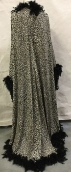 Womens, SPA Robe, N/L, Brown, Black, Tan Brown, Polyester, Feathers, Animal Print, O/S, No Closures, Long with Train, Extra Long Sleeves, Leopard Print with Black Feather Trim