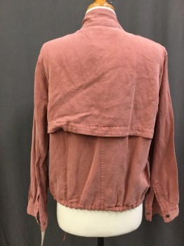 Womens, Casual Jacket, RAILS, Dusty Rose Pink, Linen, Solid, S, Washed Silk Look, Zip / Snap Front, Long Sleeves with Snap Cuffs, 2 Flap Pocket, 2 Side Pocket, Epaulets, Drawstring Waist, Stand Collar, Large Detached Yoke in Back